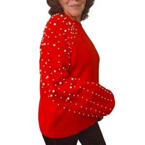 Chic Red Sweater Faux Pearl Studded Lantern Sleeves Cozy Knit Pullover NWT Large